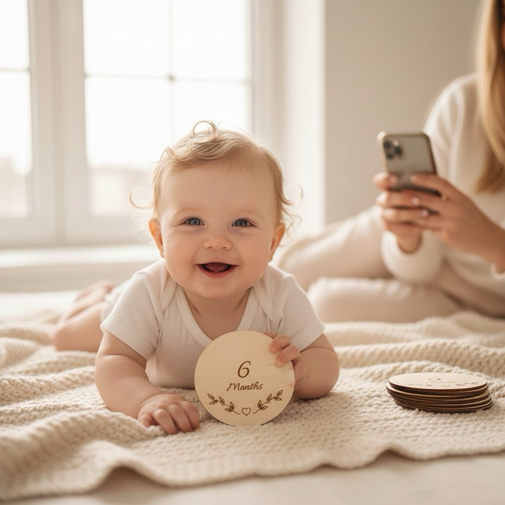 Baby met houten mijlpaalschijf van 6 maanden