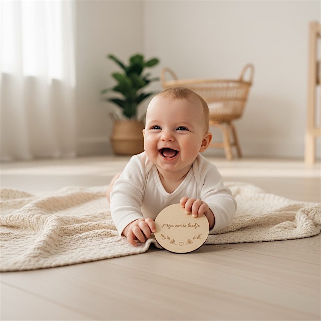 Lachende baby met handgemaakte houten mijlpaalschijf