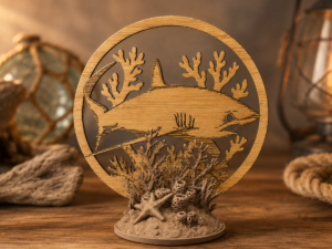 Houten voshaai decoratie met 3D-geprinte voet