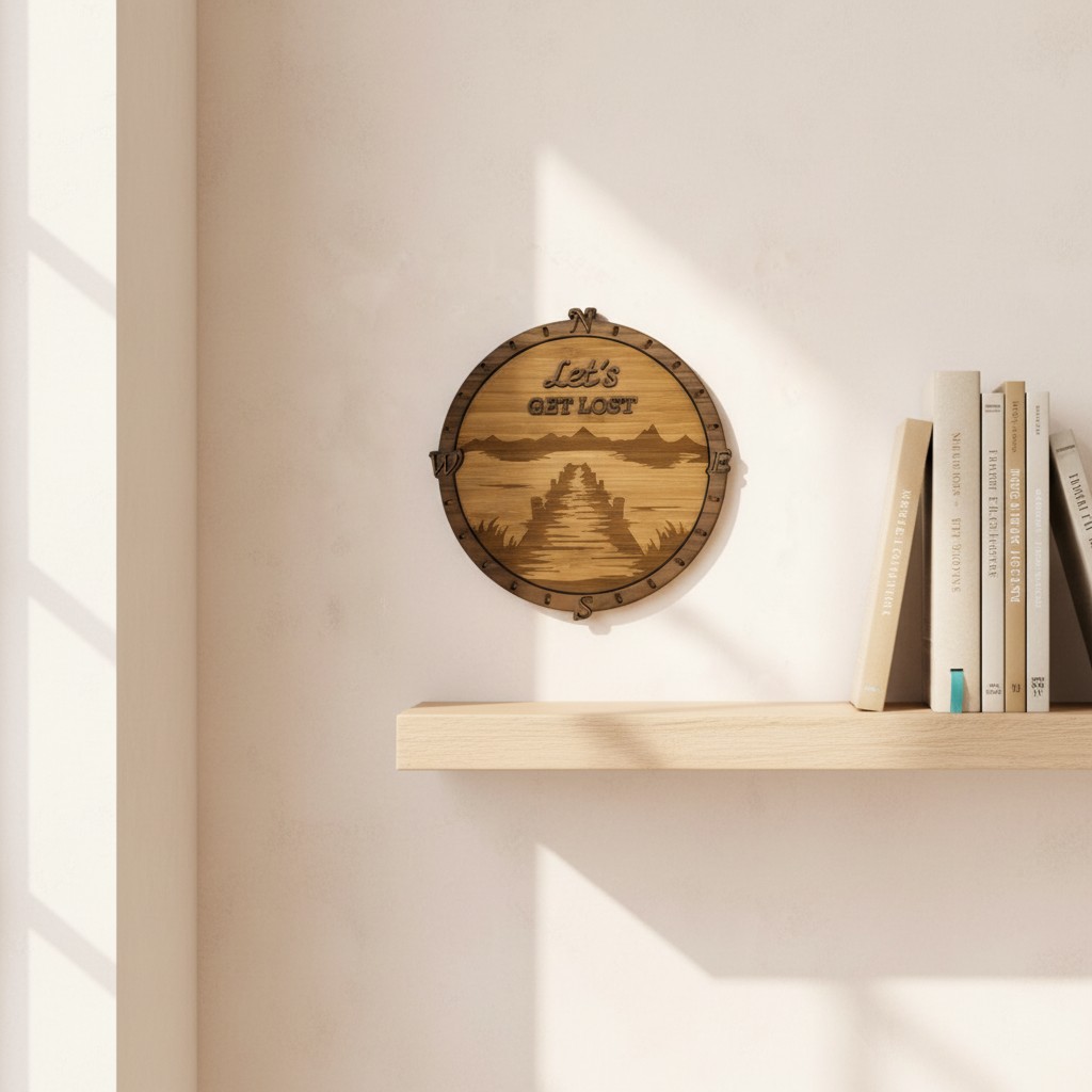 Houten kompas wanddecoratie Let’s Get Lost aan de muur