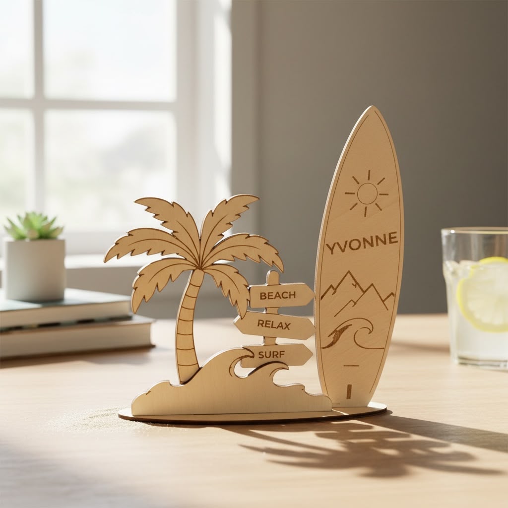 Gepersonaliseerd houten surfboard met naam in interieur
